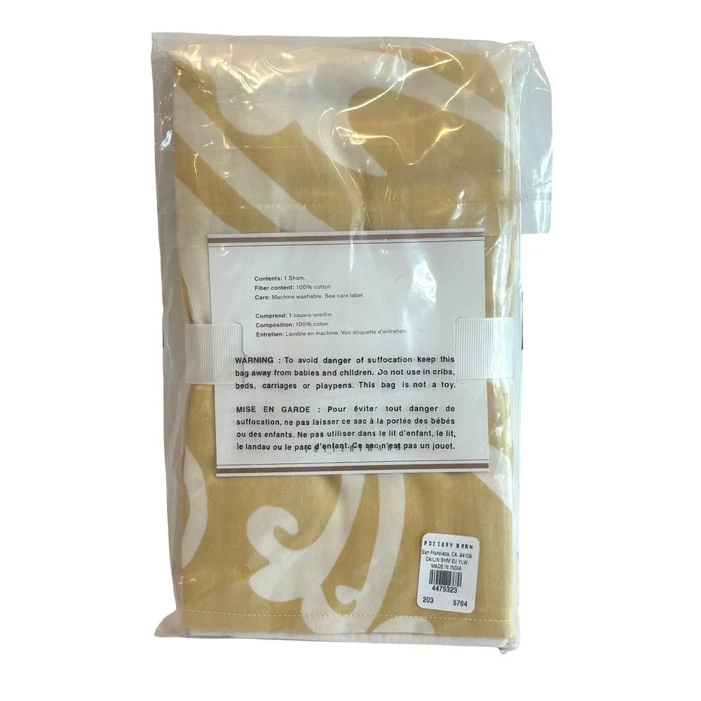 Pottery Barn Euro Sham Pillow Cover Cailin Scroll Yellow White Cotton NWT‎
